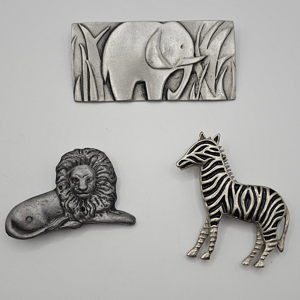 Silver Tone Safari Animal Pin Lot Elephant Zebra Lion Textured Wildlife